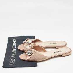 Miu Miu Beige Satin Crystal Embellished Flat Slides Size 38.5    