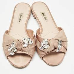Miu Miu Beige Satin Crystal Embellished Flat Slides Size 38.5    
