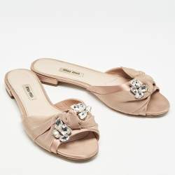 Miu Miu Beige Satin Crystal Embellished Flat Slides Size 38.5    