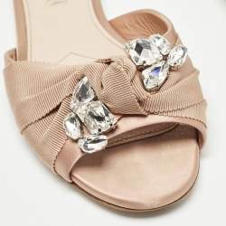 Miu Miu Beige Satin Crystal Embellished Flat Slides Size 38.5    