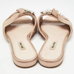 Miu Miu Beige Satin Crystal Embellished Flat Slides Size 38.5    
