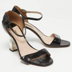 Miu Miu Black Patent Leather Ankle Strap Sandals Size 40