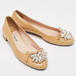 Miu Miu Beige Patent Leather Crystal Embellished Ballet Flats Size 37
