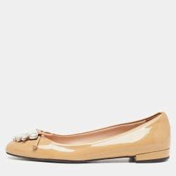 Miu Miu Beige Patent Leather Crystal Embellished Ballet Flats Size 37