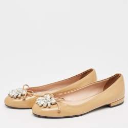 Miu Miu Beige Patent Leather Crystal Embellished Ballet Flats Size 37