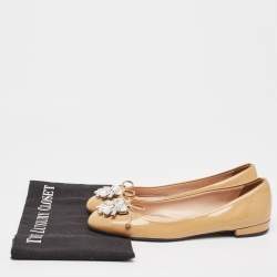 Miu Miu Beige Patent Leather Crystal Embellished Ballet Flats Size 37