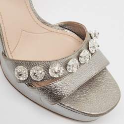 Miu Miu Silver Leather  Crystal Embellished Ankle Wrap Sandals Size 40