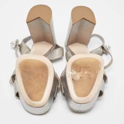 Miu Miu Silver Leather  Crystal Embellished Ankle Wrap Sandals Size 40