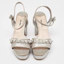 Miu Miu Silver Leather  Crystal Embellished Ankle Wrap Sandals Size 40