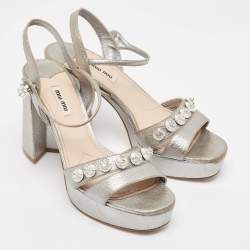 Miu Miu Silver Leather  Crystal Embellished Ankle Wrap Sandals Size 40