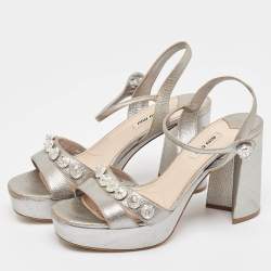 Miu Miu Silver Leather  Crystal Embellished Ankle Wrap Sandals Size 40