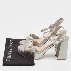 Miu Miu Silver Leather  Crystal Embellished Ankle Wrap Sandals Size 40
