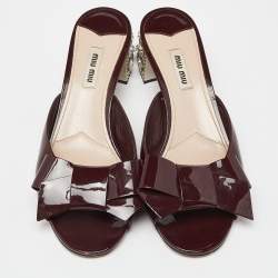 Miu Miu Burgundy Patent Leather Crystal Embellished Block Heel Slide Sandals Size 39.5