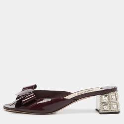 Miu Miu Burgundy Patent Leather Crystal Embellished Block Heel Slide Sandals Size 39.5