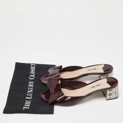 Miu Miu Burgundy Patent Leather Crystal Embellished Block Heel Slide Sandals Size 39.5