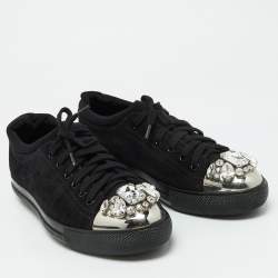 Miu Miu Black Suede Crystal Embellished Cap Toe Sneakers Size 40