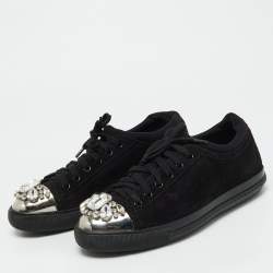 Miu Miu Black Suede Crystal Embellished Cap Toe Sneakers Size 40