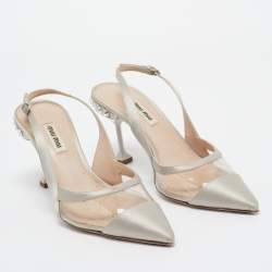Miu Miu Grey Satin and PVC Crystal Embellished Slingback Pumps Size 37.5