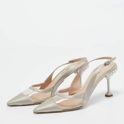 Miu Miu Grey Satin and PVC Crystal Embellished Slingback Pumps Size 37.5