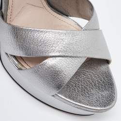 Miu Miu Metallic Silver Leather Crystal Embellished Block Heel Ankle Strap Platform Sandals Size 40