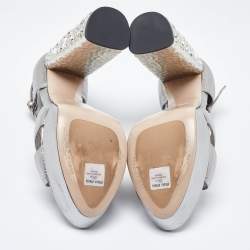 Miu Miu Metallic Silver Leather Crystal Embellished Block Heel Ankle Strap Platform Sandals Size 40