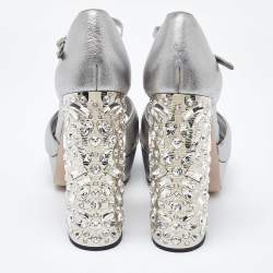 Miu Miu Metallic Silver Leather Crystal Embellished Block Heel Ankle Strap Platform Sandals Size 40