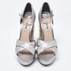 Miu Miu Metallic Silver Leather Crystal Embellished Block Heel Ankle Strap Platform Sandals Size 40
