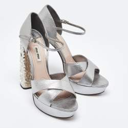 Miu Miu Metallic Silver Leather Crystal Embellished Block Heel Ankle Strap Platform Sandals Size 40