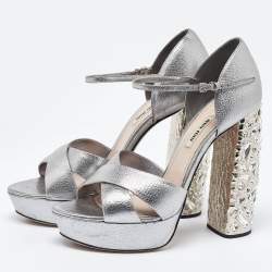 Miu Miu Metallic Silver Leather Crystal Embellished Block Heel Ankle Strap Platform Sandals Size 40