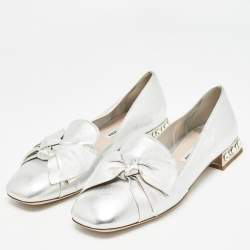 Miu Miu Silver Leather Bow Crystal Embellished Loafers Size 38