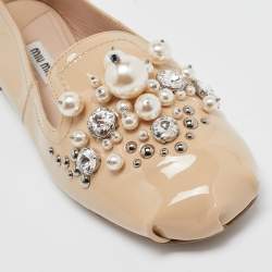 Miu Miu Beige Patent Leather Faux Pearls Ballet Flats Size 37.5