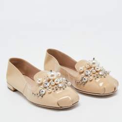 Miu Miu Beige Patent Leather Faux Pearls Ballet Flats Size 37.5