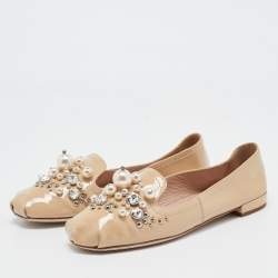 Miu Miu Beige Patent Leather Faux Pearls Ballet Flats Size 37.5