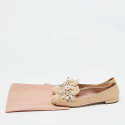 Miu Miu Beige Patent Leather Faux Pearls Ballet Flats Size 37.5