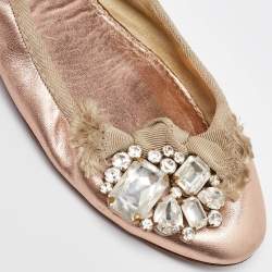 Miu Miu Metallic Rose Gold Leather Crystal Embellished Scrunch Ballet Flats Size 38.5