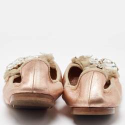 Miu Miu Metallic Rose Gold Leather Crystal Embellished Scrunch Ballet Flats Size 38.5