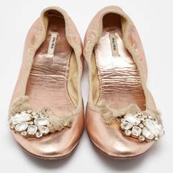 Miu Miu Metallic Rose Gold Leather Crystal Embellished Scrunch Ballet Flats Size 38.5