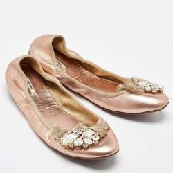 Miu Miu Metallic Rose Gold Leather Crystal Embellished Scrunch Ballet Flats Size 38.5