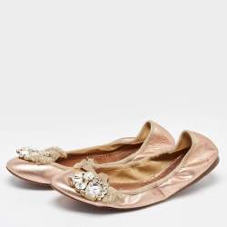 Miu Miu Metallic Rose Gold Leather Crystal Embellished Scrunch Ballet Flats Size 38.5