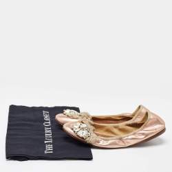 Miu Miu Metallic Rose Gold Leather Crystal Embellished Scrunch Ballet Flats Size 38.5