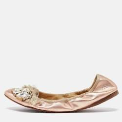 Miu Miu Metallic Rose Gold Leather Crystal Embellished Scrunch Ballet Flats Size 38.5