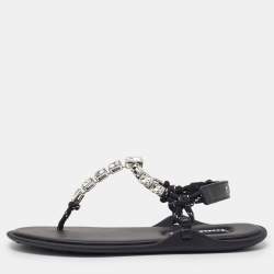 Miu Miu Black Cord Crystal Embellished Thong Sandals Size 37
