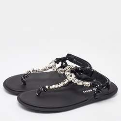 Miu Miu Black Cord Crystal Embellished Thong Sandals Size 37