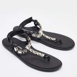 Miu Miu Black Cord Crystal Embellished Thong Sandals Size 37