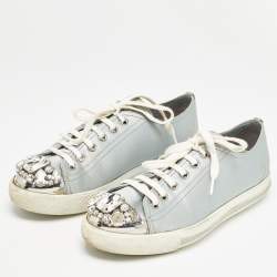 Miu Miu Grey Satin Crystal Embellished Cap Toe Lace Up Sneaker Size 37