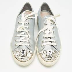 Miu Miu Grey Satin Crystal Embellished Cap Toe Lace Up Sneaker Size 37