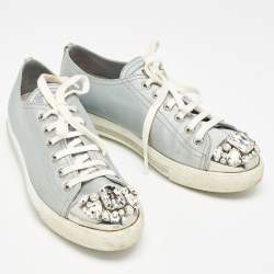 Miu Miu Grey Satin Crystal Embellished Cap Toe Lace Up Sneaker Size 37