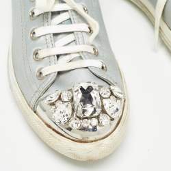 Miu Miu Grey Satin Crystal Embellished Cap Toe Lace Up Sneaker Size 37