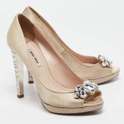 Miu Miu Light Brown Satin Crystal Embellished Heel Peep Toe Platform Pumps Size 39