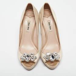 Miu Miu Light Brown Satin Crystal Embellished Heel Peep Toe Platform Pumps Size 39